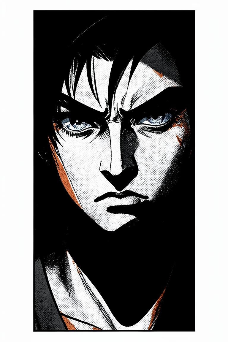 Vertical episode panel: a determined face in shadow