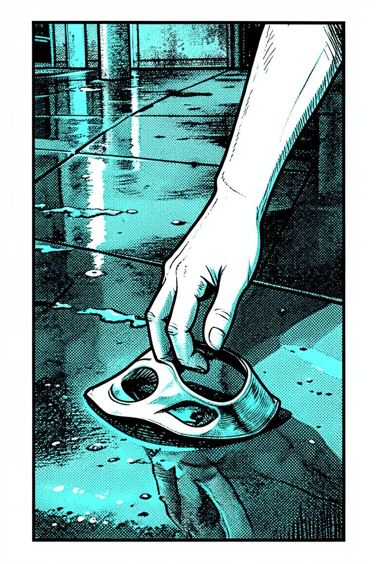 Vertical episode panel: a hand reaching for a fallen mask