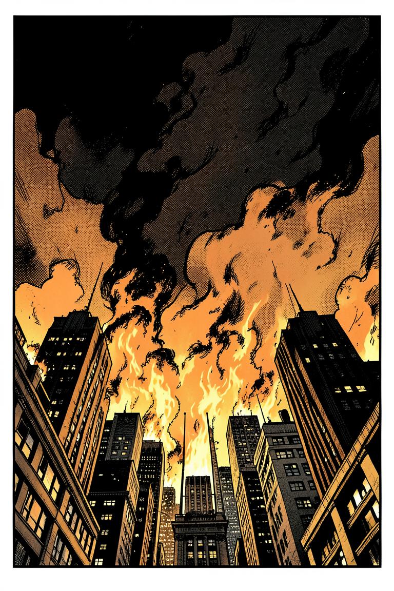 Vertical episode panel: a burning skyline seen from below